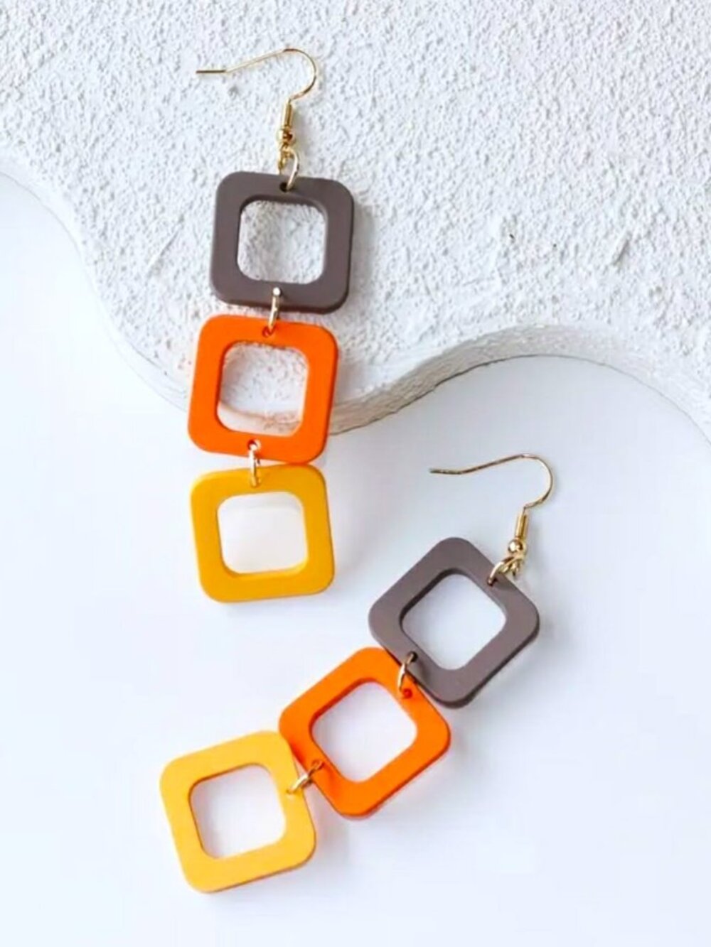 Earrings. Retro Style Triple Drop Square Shapes. Brown and Orange. Pierced. NWT.